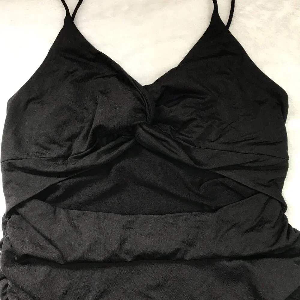 Unbranded Womens Cut Out Twist Knot Ruched Bodycon Mini Dress Size M Black Rayon